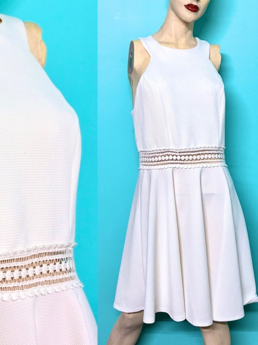 ALYA White Knit Racer Back Halter Summer SunDress Lace Accent Vacaycore Beachy L